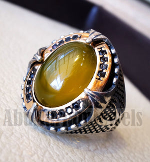 Two swords men ring sterling silver 925 Yellow onyx agate natural stone bronze frame and black cubic zirconia stones all sizes heavy jewelry
