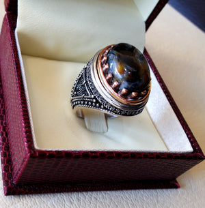 Man ring pietersite natural stunning tempest stone sterling silver 925 and bronze frame oval cabochon multi color gem all sizes jewelry