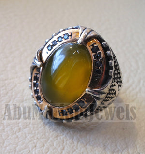 Two swords men ring sterling silver 925 Yellow onyx agate natural stone bronze frame and black cubic zirconia stones all sizes heavy jewelry