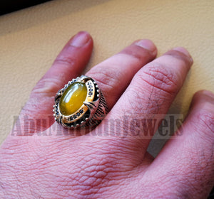 Two swords men ring sterling silver 925 Yellow onyx agate natural stone bronze frame and black cubic zirconia stones all sizes heavy jewelry