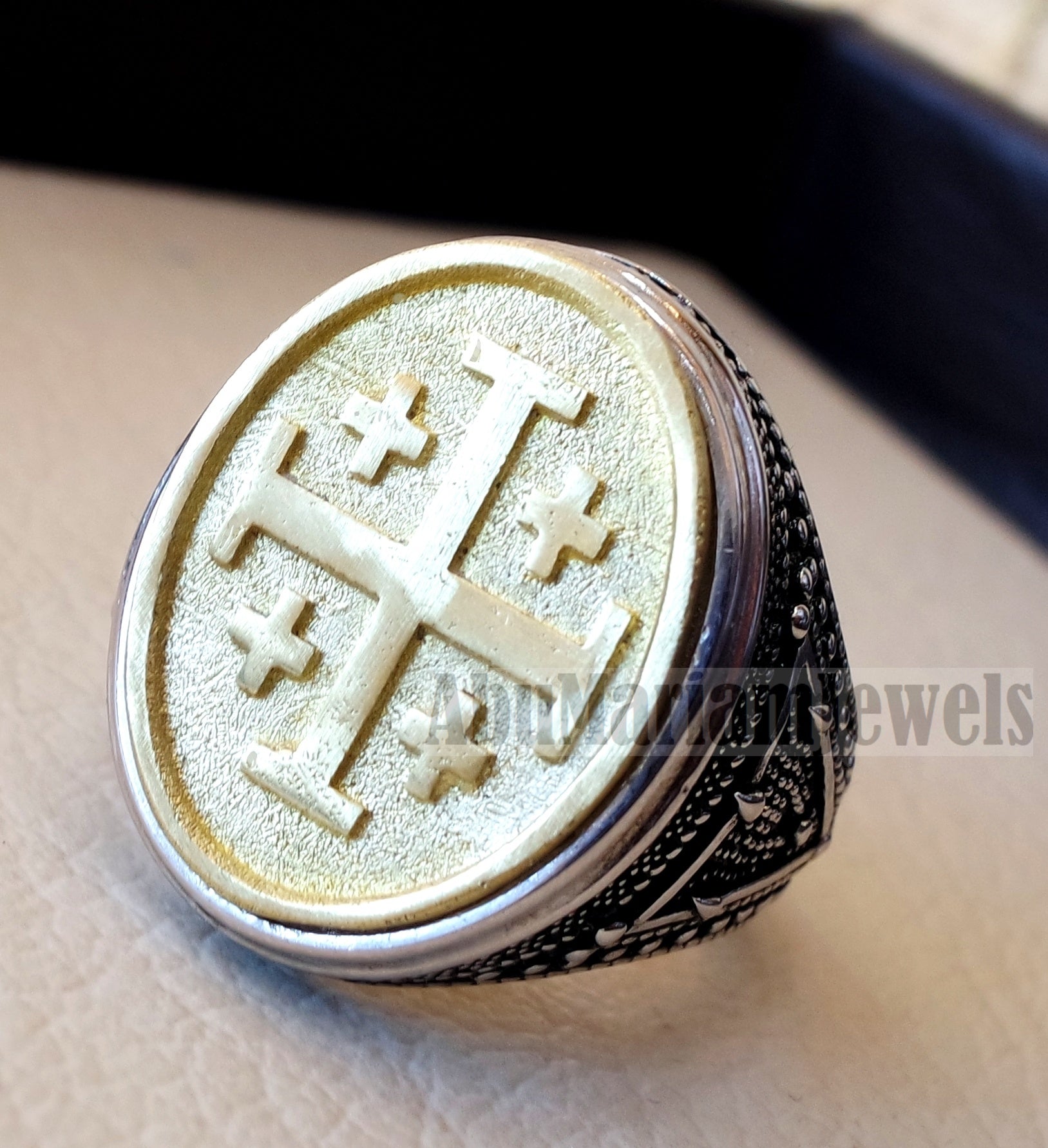 Jerusalem Cross ring christ christian symbol sterling silver 925 and bronze man gift jewelry oval vintage style all sizes Catholic Orthodox