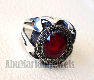 Red corundum identical to genuine ruby stone black cubic zircon on bronze frame stunning sterling silver 925 men ring all sizes