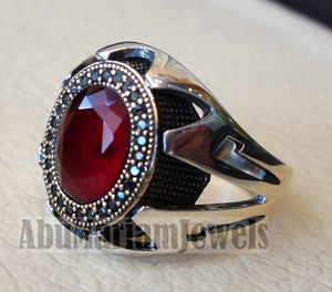 Red corundum identical to genuine ruby stone black cubic zircon on bronze frame stunning sterling silver 925 men ring all sizes