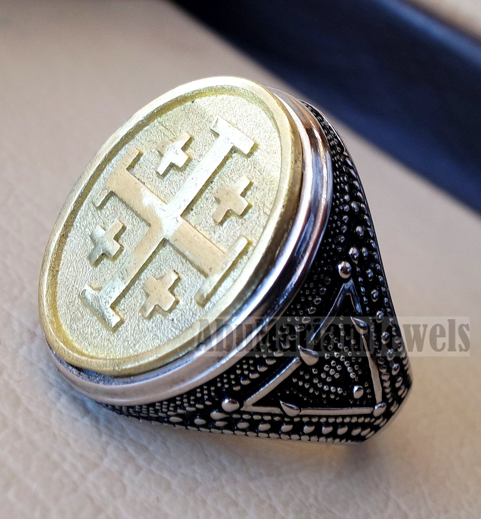 Jerusalem Cross ring christ christian symbol sterling silver 925 and bronze man gift jewelry oval vintage style all sizes Catholic Orthodox