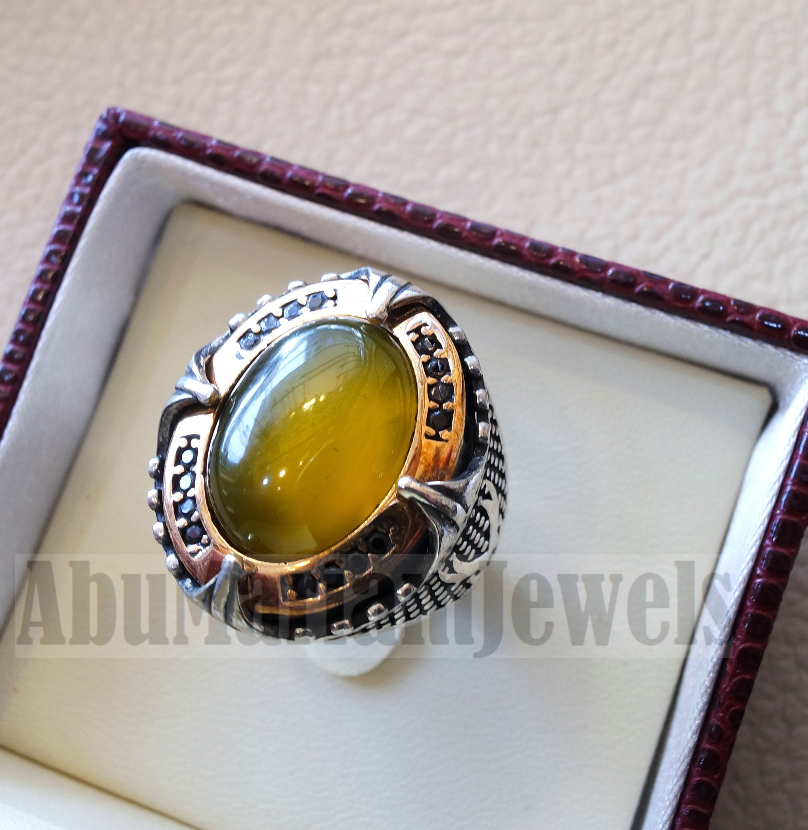 Two swords men ring sterling silver 925 Yellow onyx agate natural stone bronze frame and black cubic zirconia stones all sizes heavy jewelry