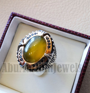 Two swords men ring sterling silver 925 Yellow onyx agate natural stone bronze frame and black cubic zirconia stones all sizes heavy jewelry