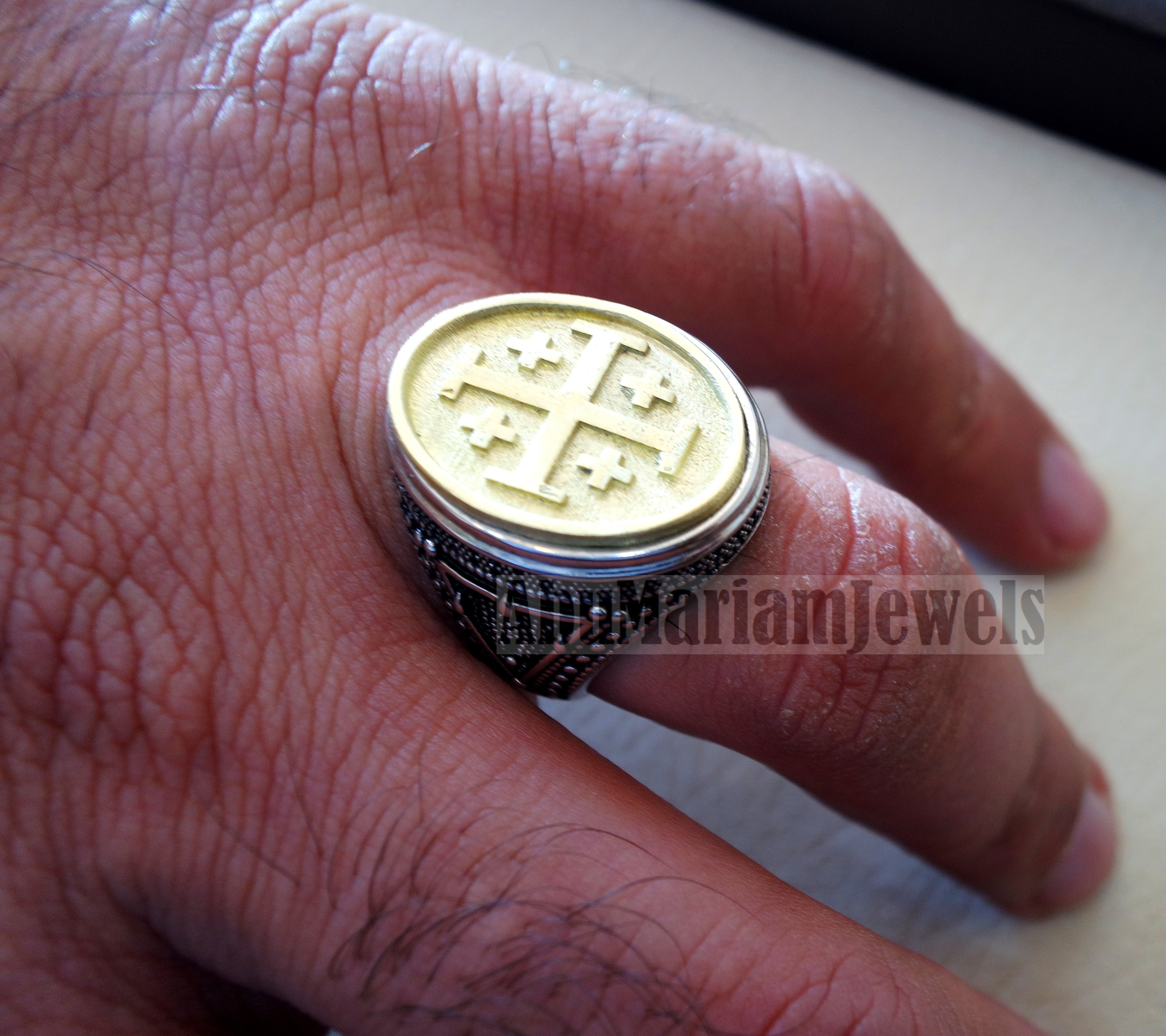 Jerusalem Cross ring christ christian symbol sterling silver 925 and bronze man gift jewelry oval vintage style all sizes Catholic Orthodox