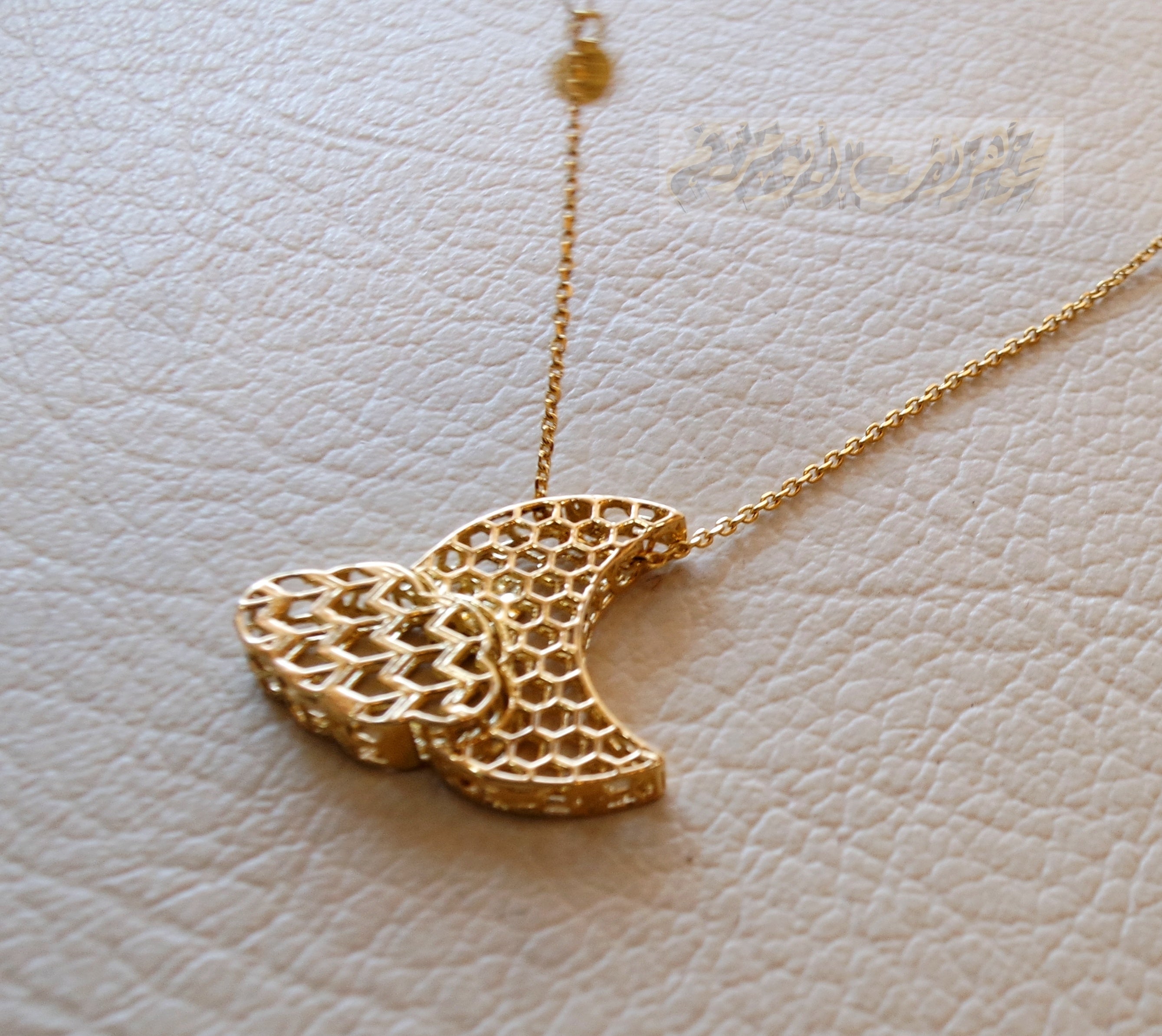 Honeycomb moon and cloud 3d 18K yellow gold necklace pendant and chain fine jewelry full insured shipping