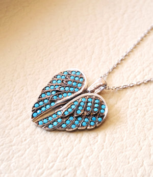 Angel wings heart inside pendant necklace sterling silver 925 nano turquoise micro setting
