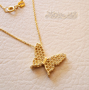 Honeycomb butterfly 3d 18K yellow gold necklace pendant and chain fine jewelry full insured shipping