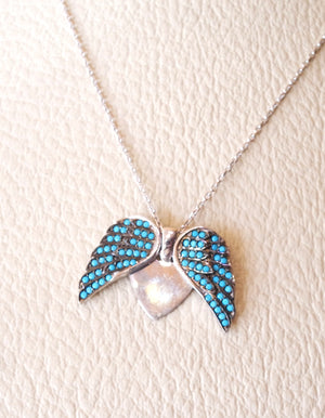 Angel wings heart inside pendant necklace sterling silver 925 nano turquoise micro setting