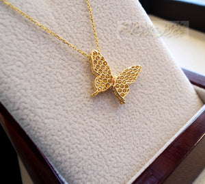 Honeycomb butterfly 3d 18K yellow gold necklace pendant and chain fine jewelry full insured shipping