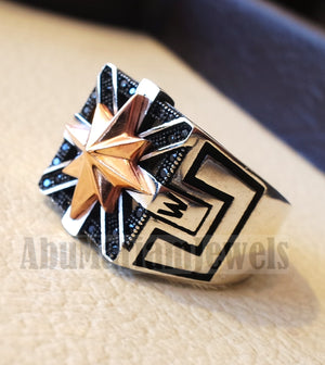 Square Compass ring sterling silver 925 and bronze and black cubic zirconia east west south north men ring all sizes fast shipping
