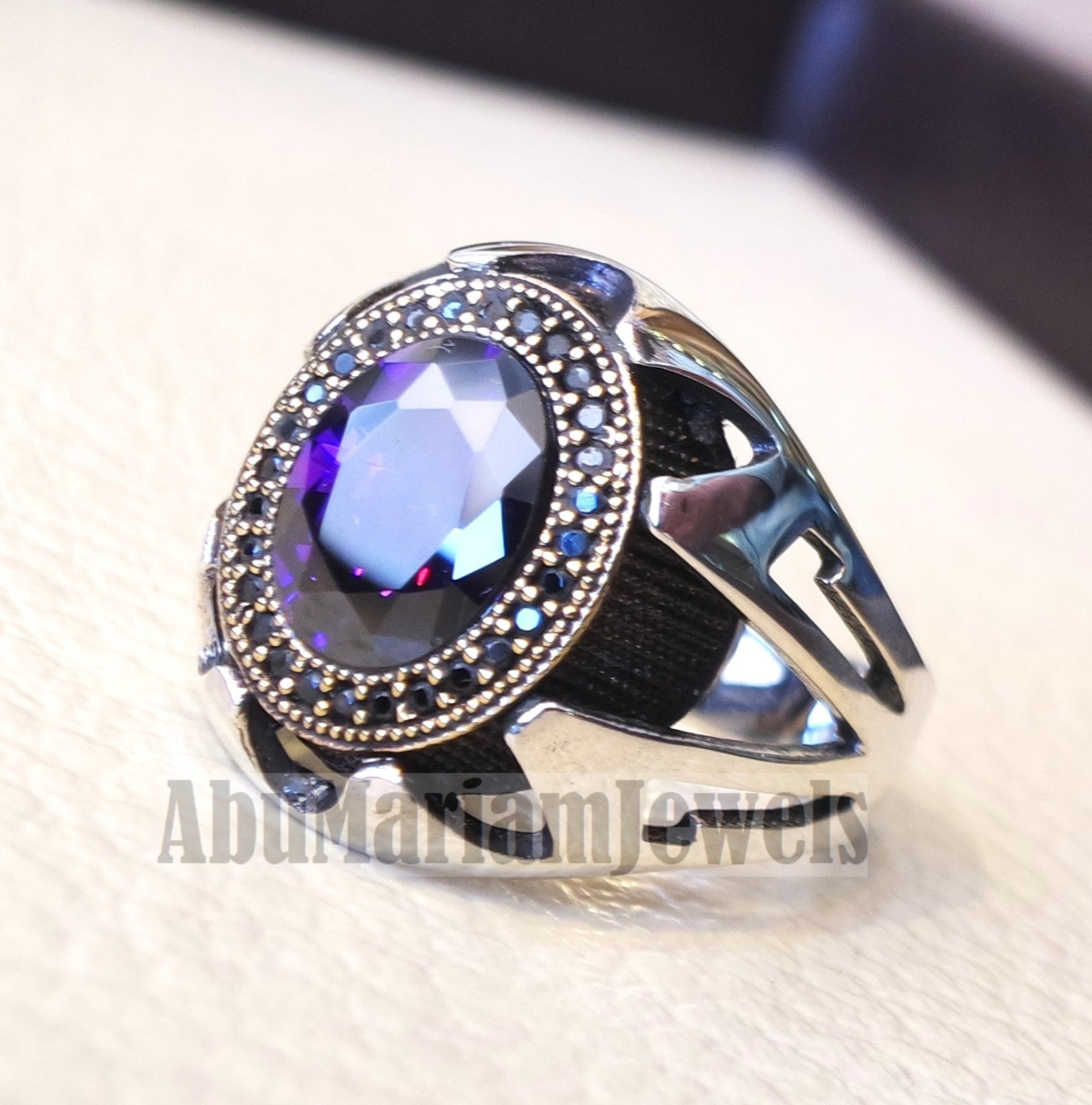 purple CZ  stone and black cubic zircon micro setting on bronze frame stunning sterling silver 925 men ring all sizes