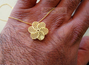 Honeycomb flower 3d 18K yellow gold necklace pendant and chain gift fine jewelry full insured shipping