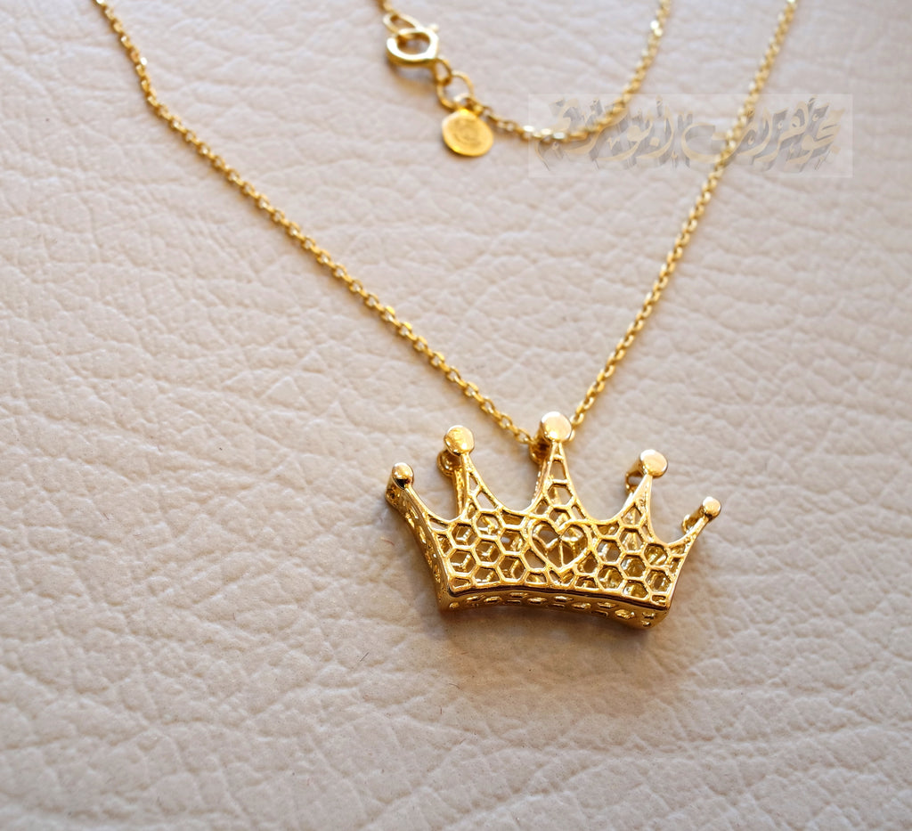 Honeycomb Cinderlla crown 3d 18K yellow gold necklace pendant and chain gift fine jewelry full insured shipping