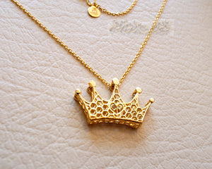 Honeycomb Cinderlla crown 3d 18K yellow gold necklace pendant and chain gift fine jewelry full insured shipping