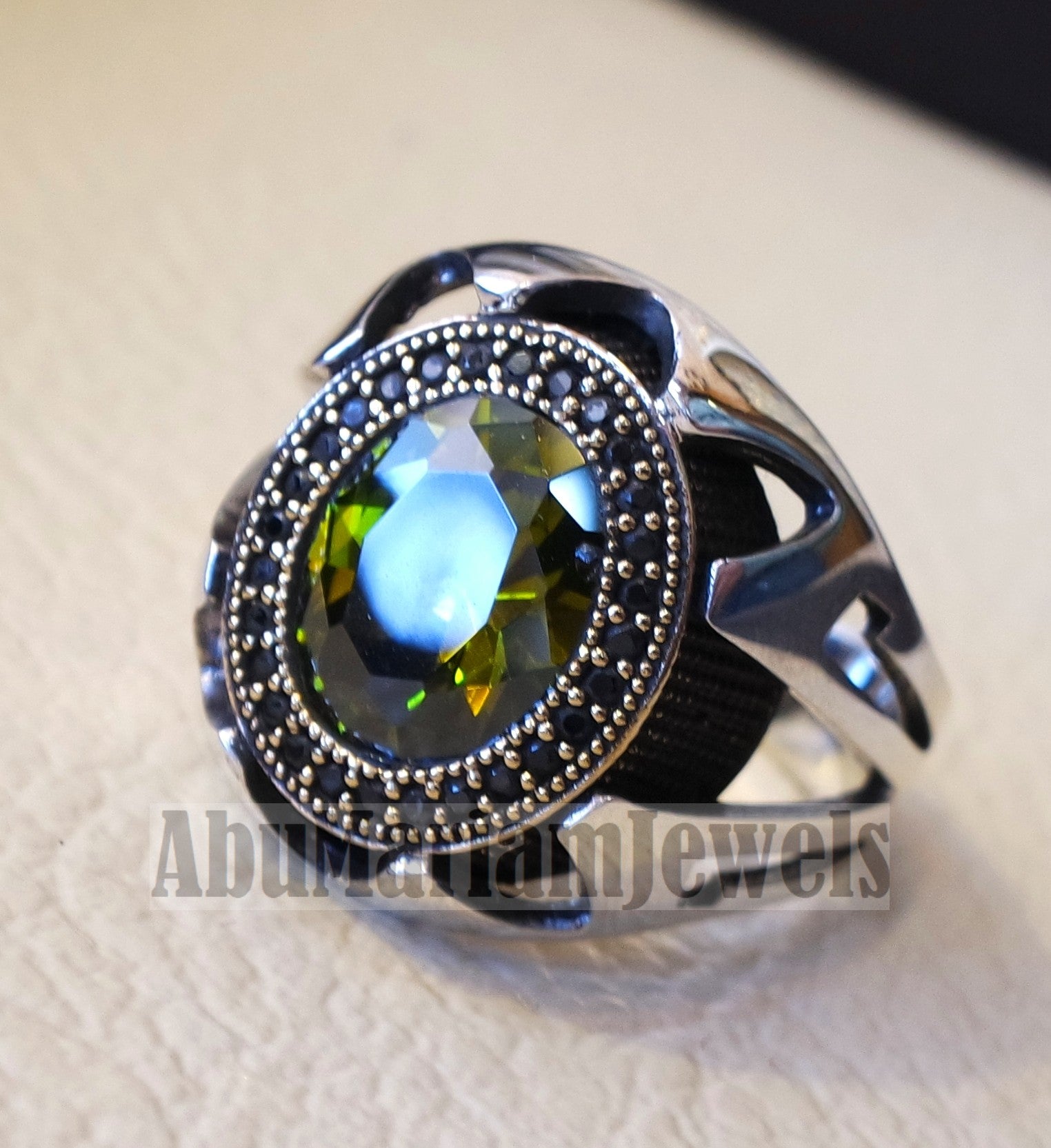 Olive green CZ  stone and black cubic zircon micro setting on bronze frame stunning sterling silver 925 men ring all sizes