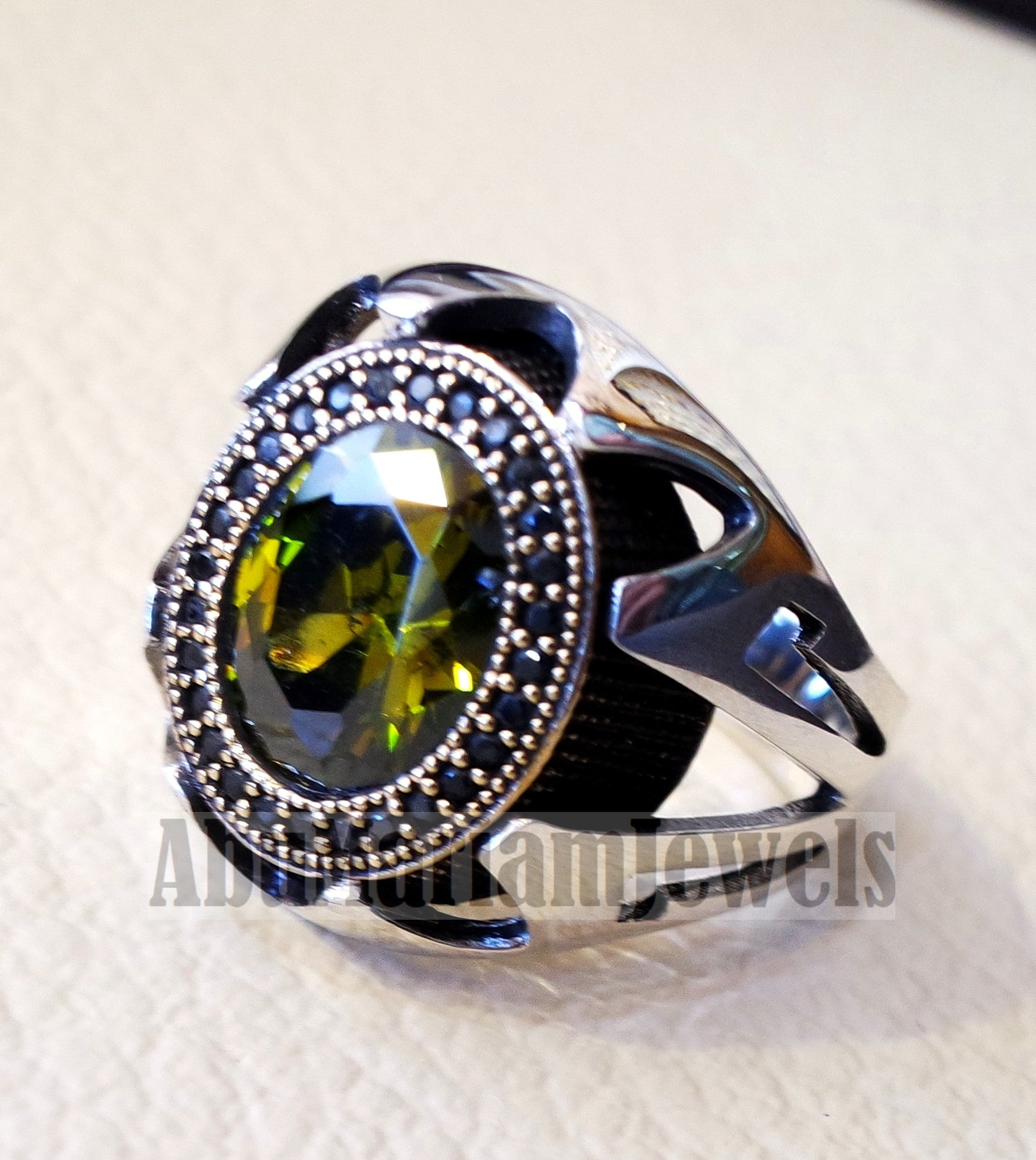 Olive green CZ  stone and black cubic zircon micro setting on bronze frame stunning sterling silver 925 men ring all sizes