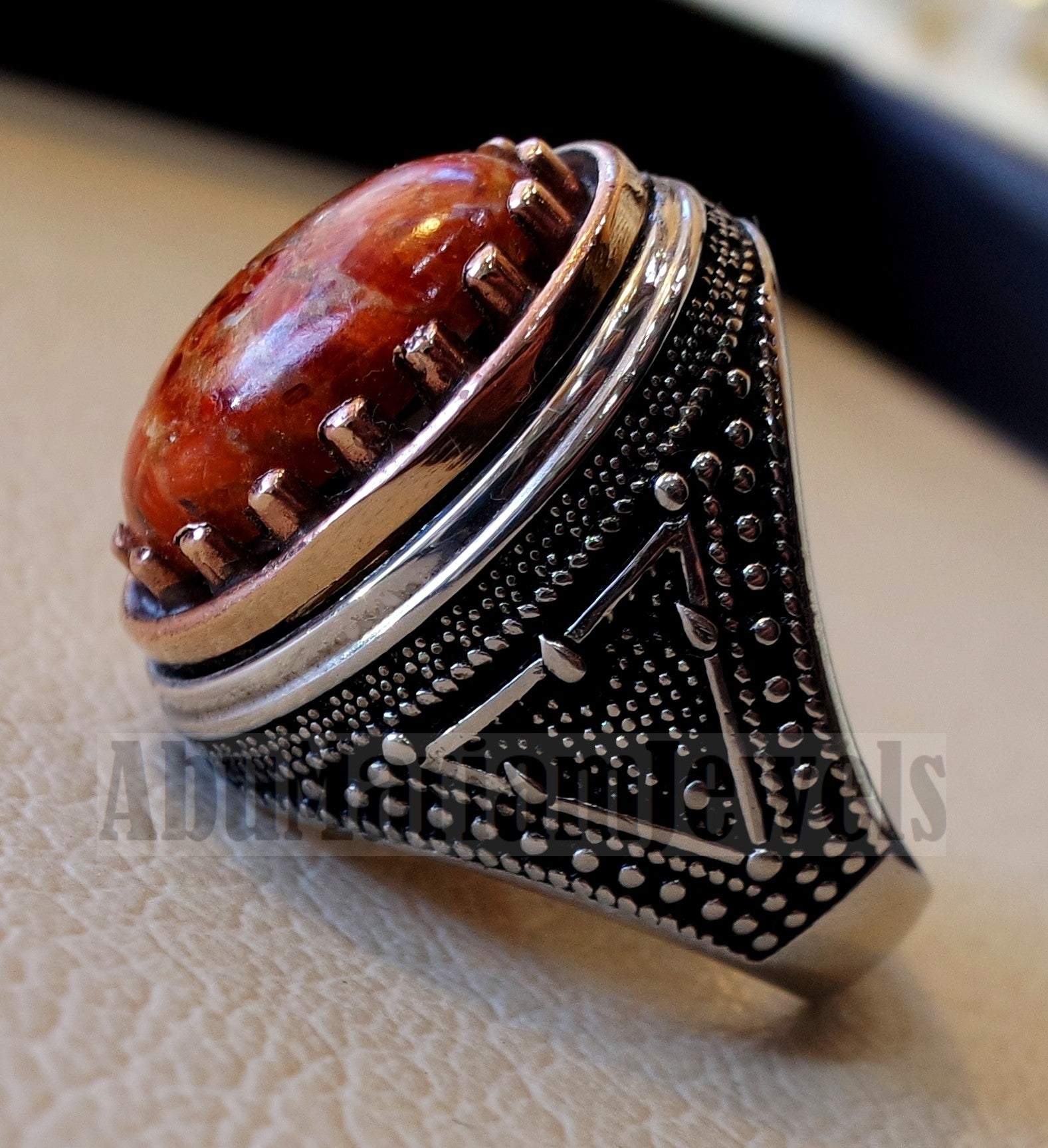 Sponge coral Murjan heavy men ring orange to red natural stone sterling silver and bronze 925 ottoman style all sizes fast shipping مرجان