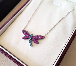 Colorful butterfly cubic zircon ruby and turquoise red and blue colors sterling silver 925 necklace and pendant