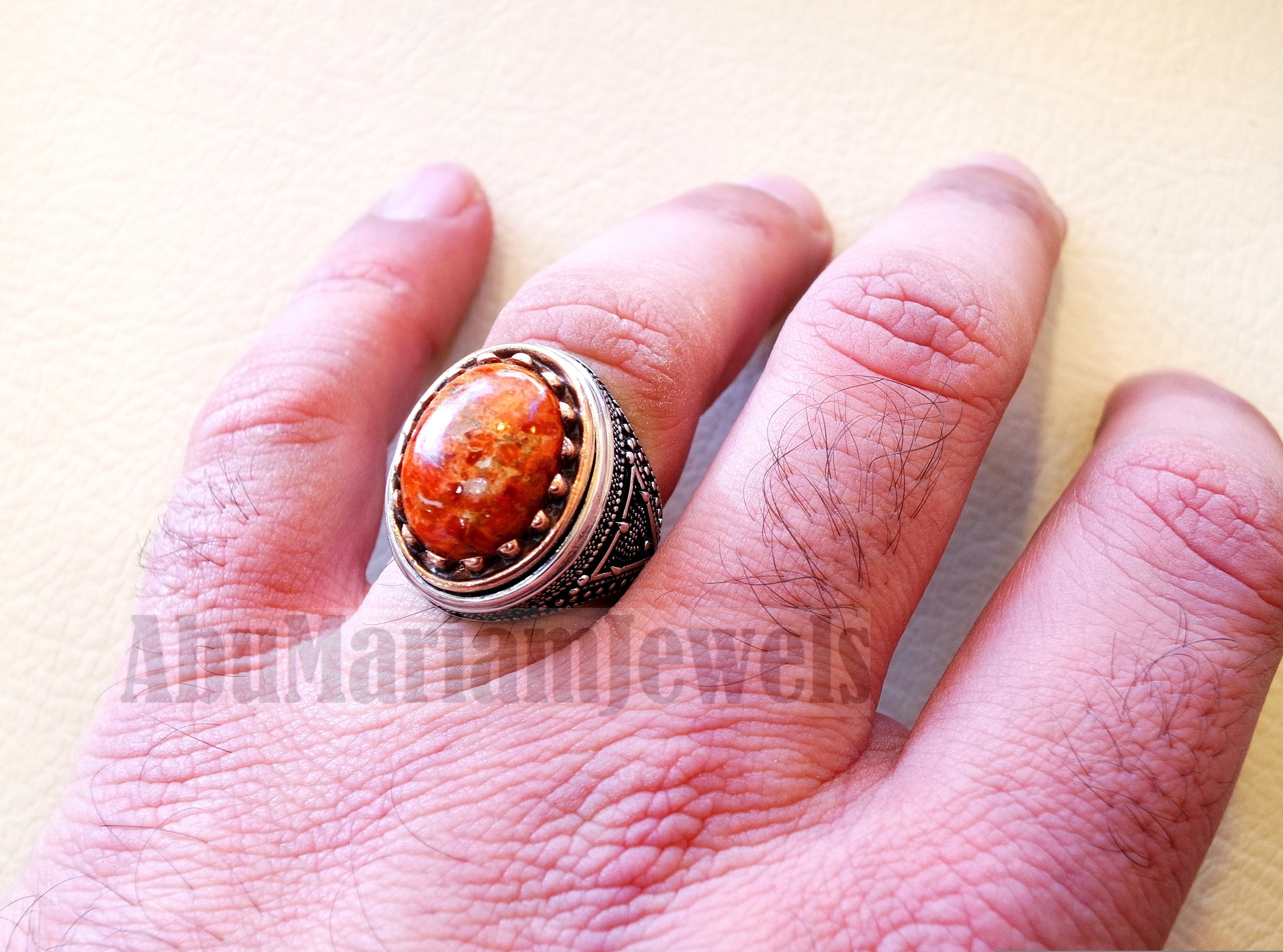 Sponge coral Murjan heavy men ring orange to red natural stone sterling silver and bronze 925 ottoman style all sizes fast shipping مرجان