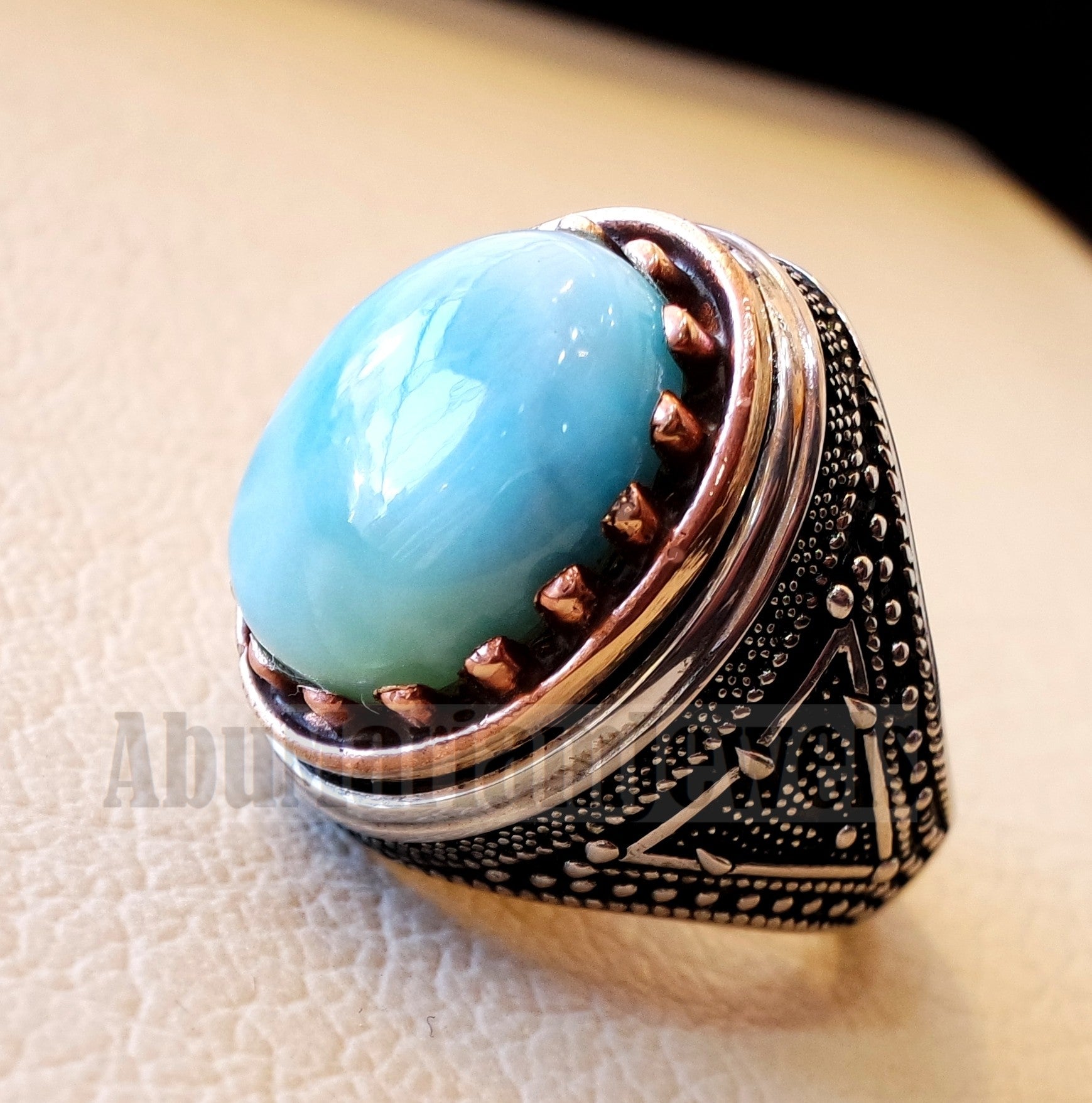 Dominican larimar blue natural stone ring sterling silver 925 and bronze frame men jewelry all sizes gem high quality middle eastern style