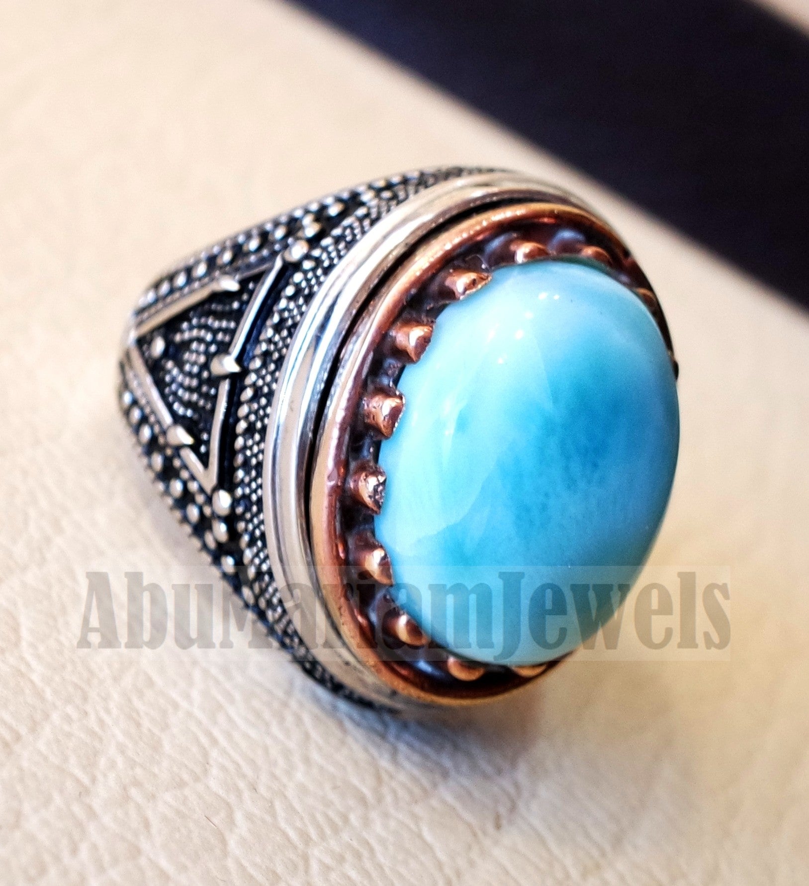Dominican larimar blue natural stone ring sterling silver 925 and bronze frame men jewelry all sizes gem high quality middle eastern style