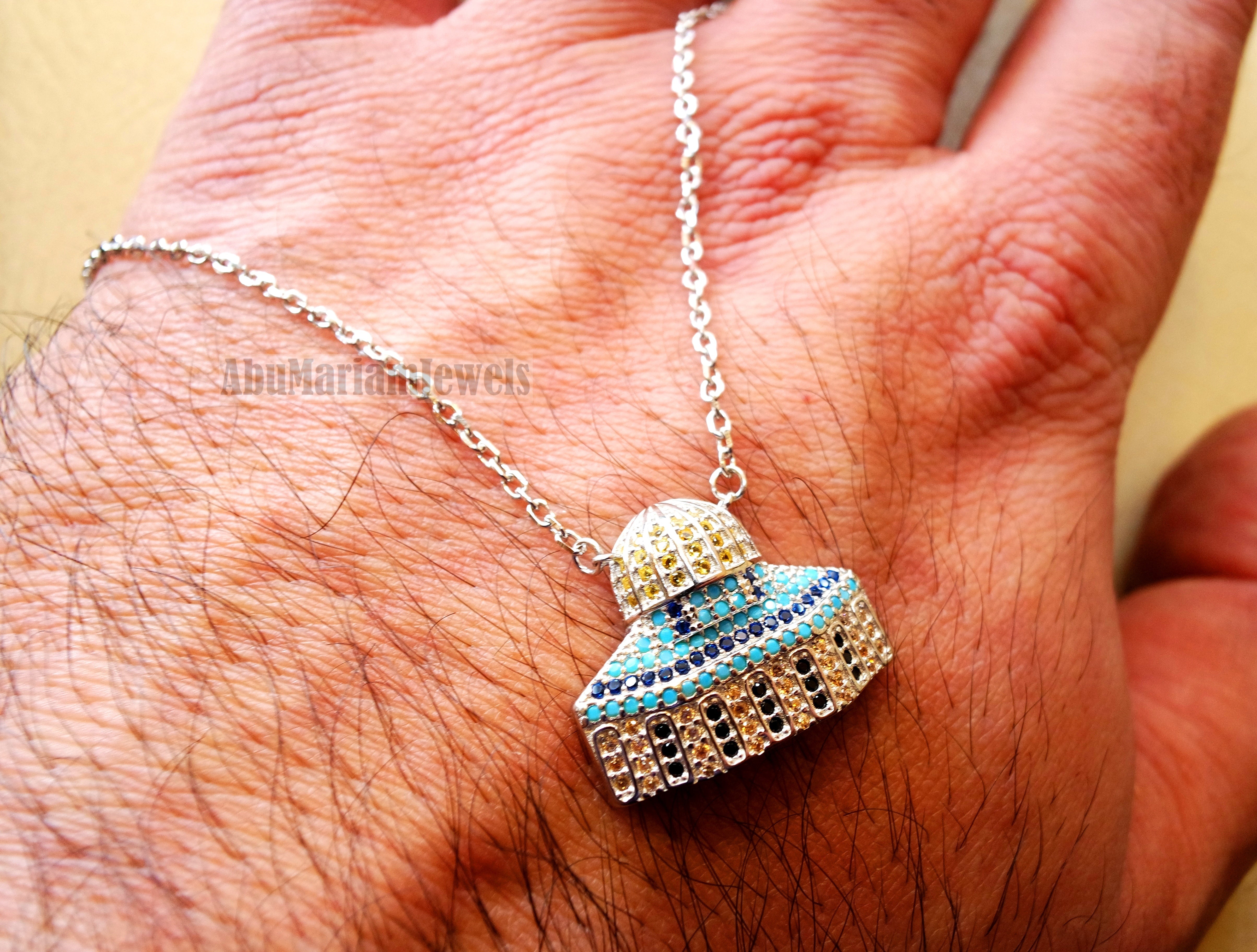 Al Aqsa mosque necklace muslim gift sterling silver 925 with cubic Zirconia colorful micro setting المسجد الأقصى