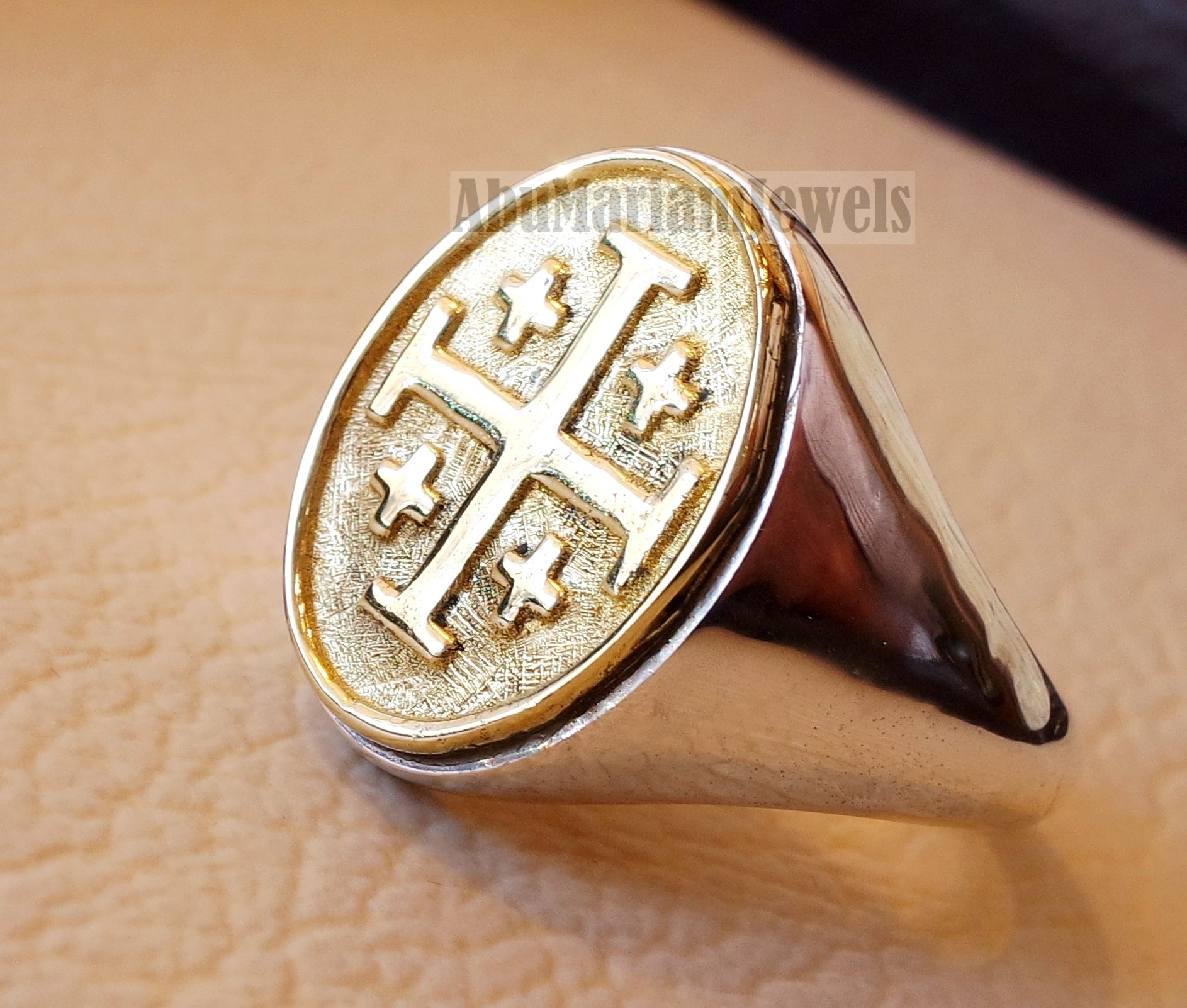 Jerusalem Cross ring christ christian sterling silver 925 and bronze man gift jewelry oval vintage style all sizes Catholic Orthodox