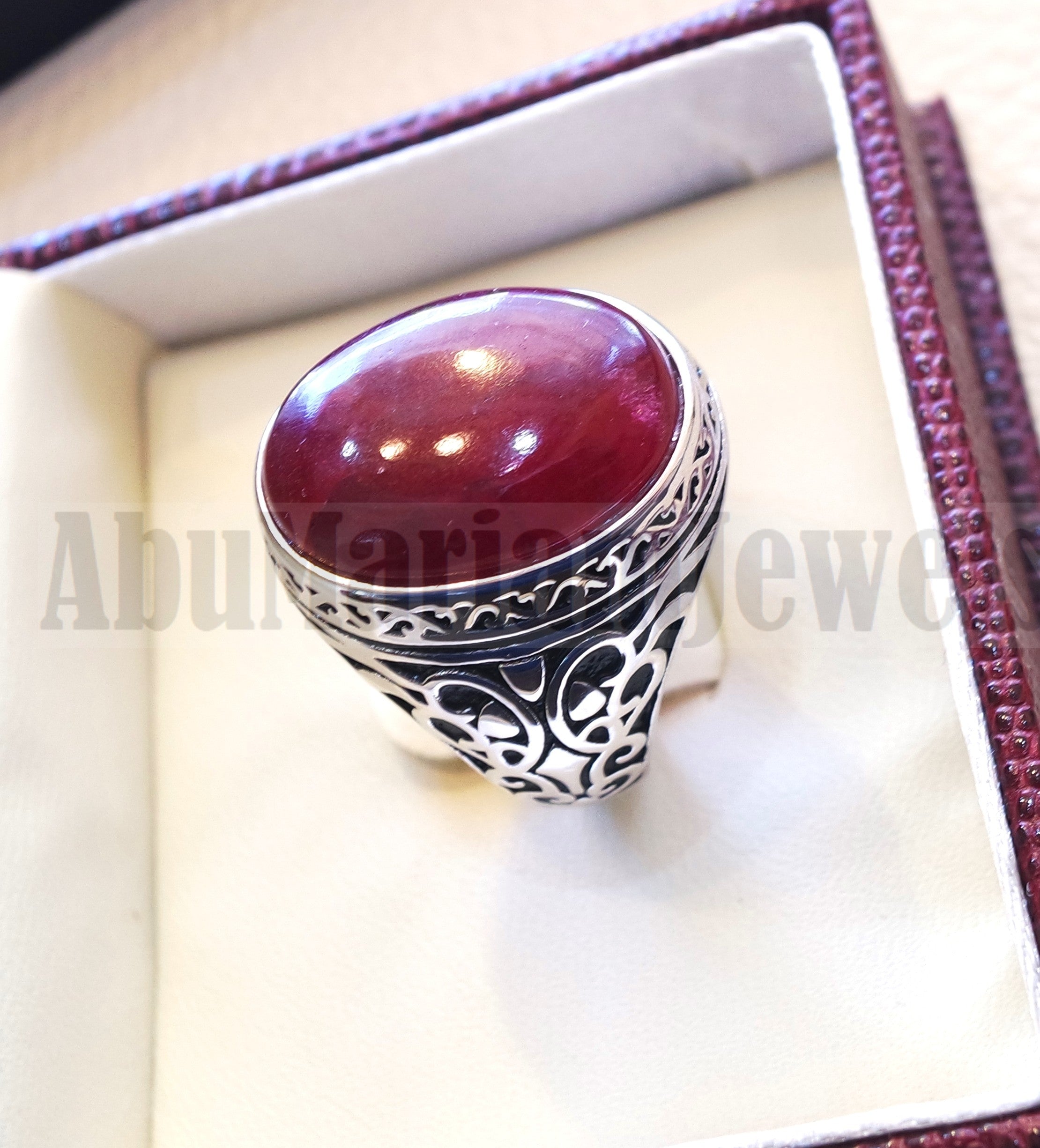 Treated natural red corundum identical to genuine ruby stone color huge men ring sterling silver 925 any size ottoman jewelry ياقوت