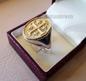 Jerusalem Cross ring christ christian sterling silver 925 and bronze man gift jewelry oval vintage style all sizes Catholic Orthodox