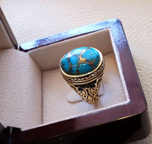 18k yellow gold men ring blue turquoise cabochon high quality natural stone all sizes Ottoman signet style fine jewelry fast shipping