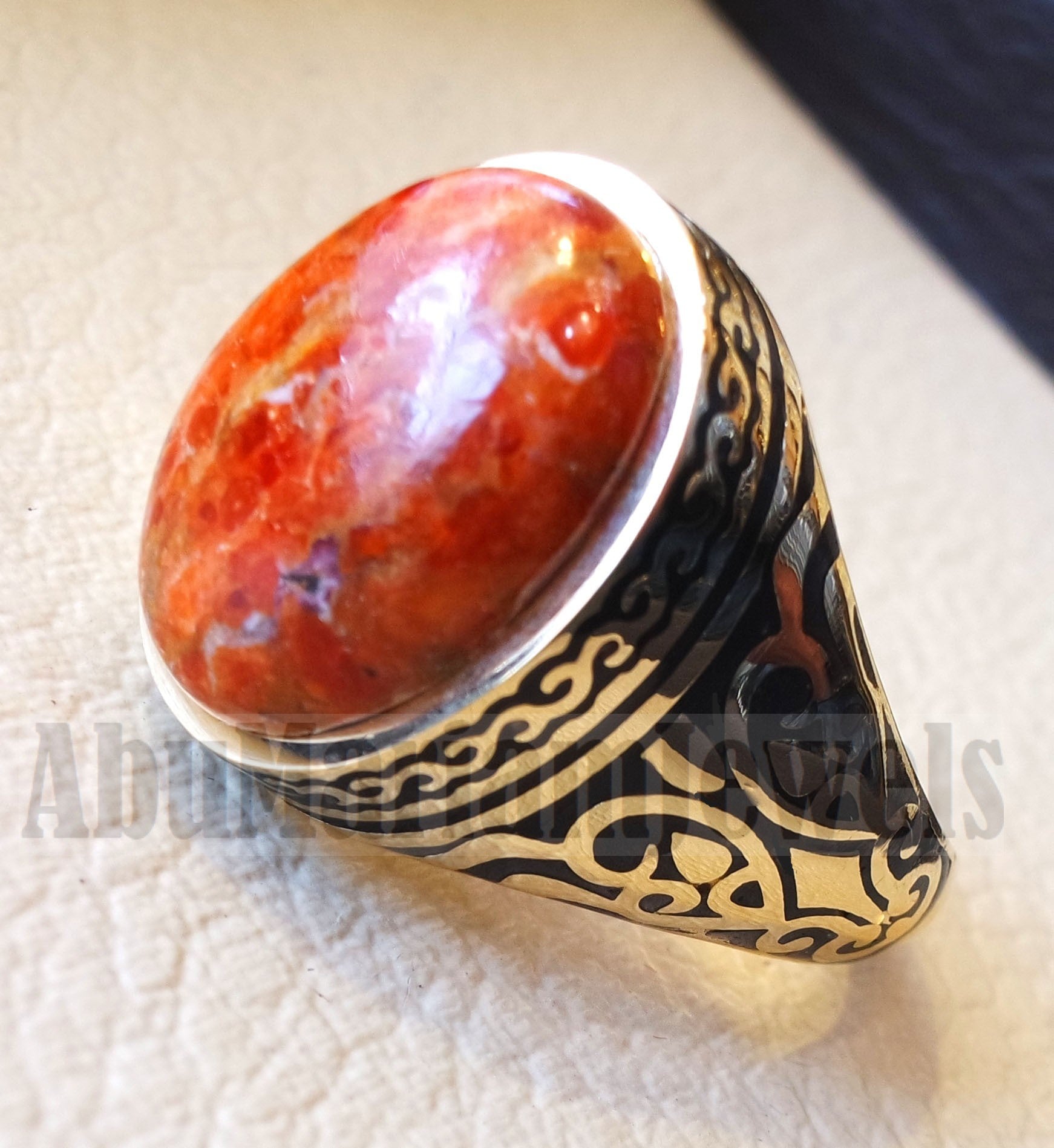 18k yellow gold men ring sponge coral cabochon high quality natural stone all sizes Ottoman signet style fine jewelry fast shipping