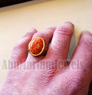 18k yellow gold men ring sponge coral cabochon high quality natural stone all sizes Ottoman signet style fine jewelry fast shipping