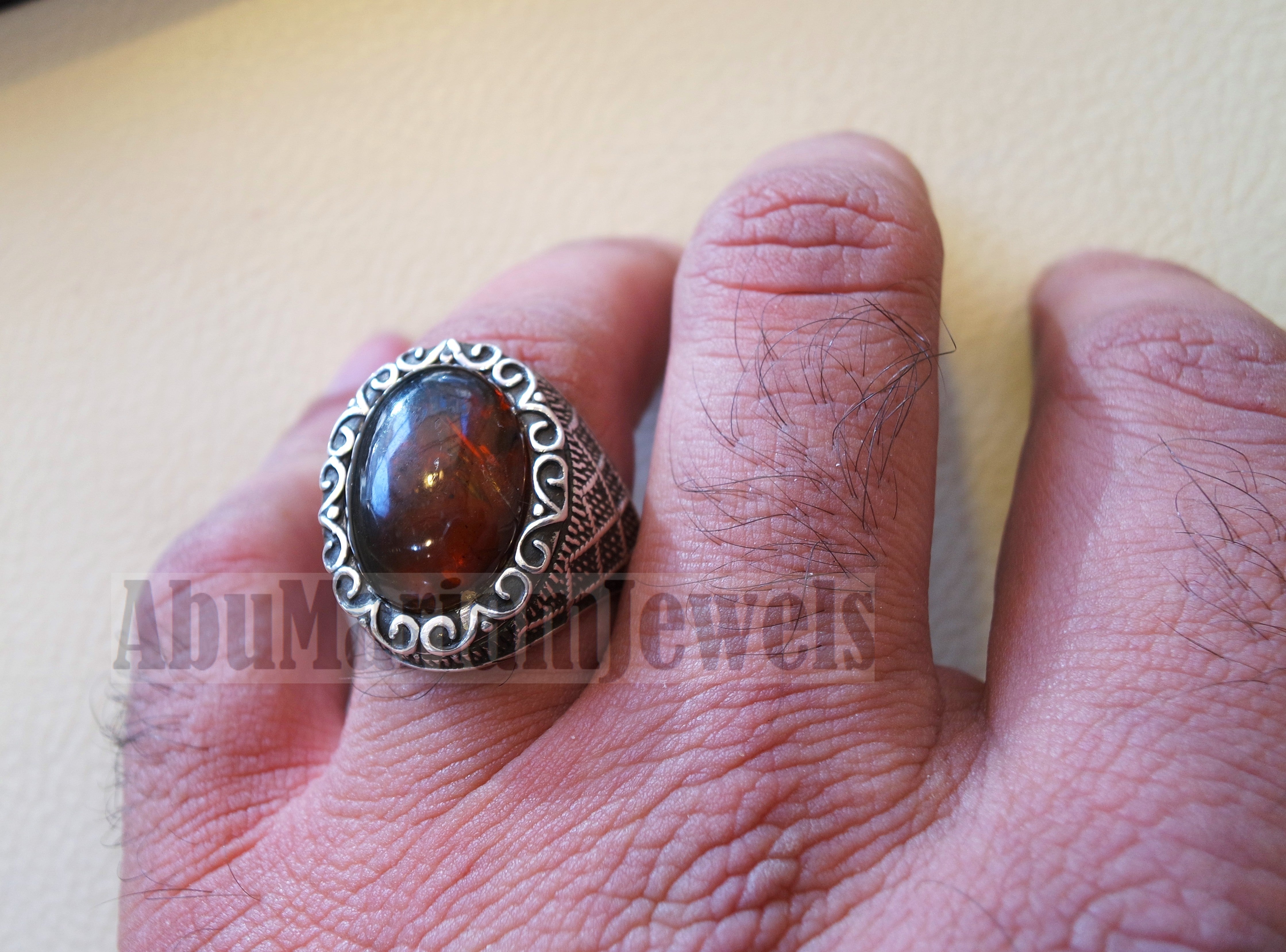 Baltic amber oval stone man heavy ring sterling silver 925 antique ottoman style jewelry all sizes fast shipping natural genuine stone كهرب