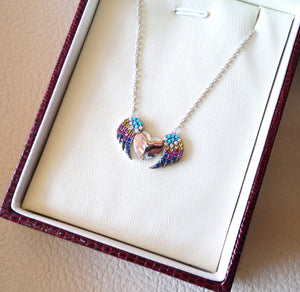 Heart and wings sterling silver 925 colorful necklace rainbow colors