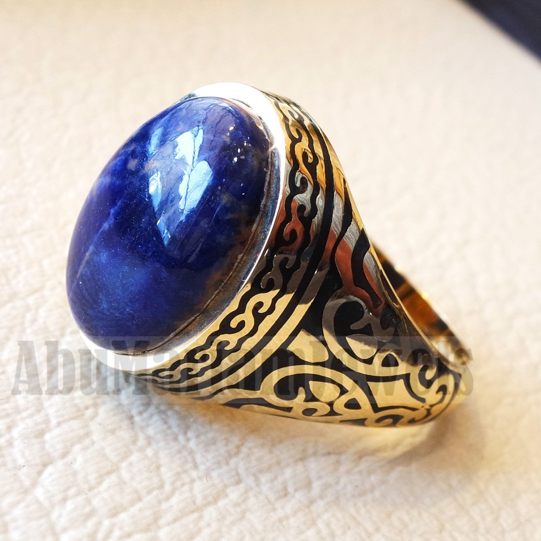 18k yellow gold men ring sodalite cabochon high quality natural stone all sizes Ottoman signet style fine jewelry fast shipping