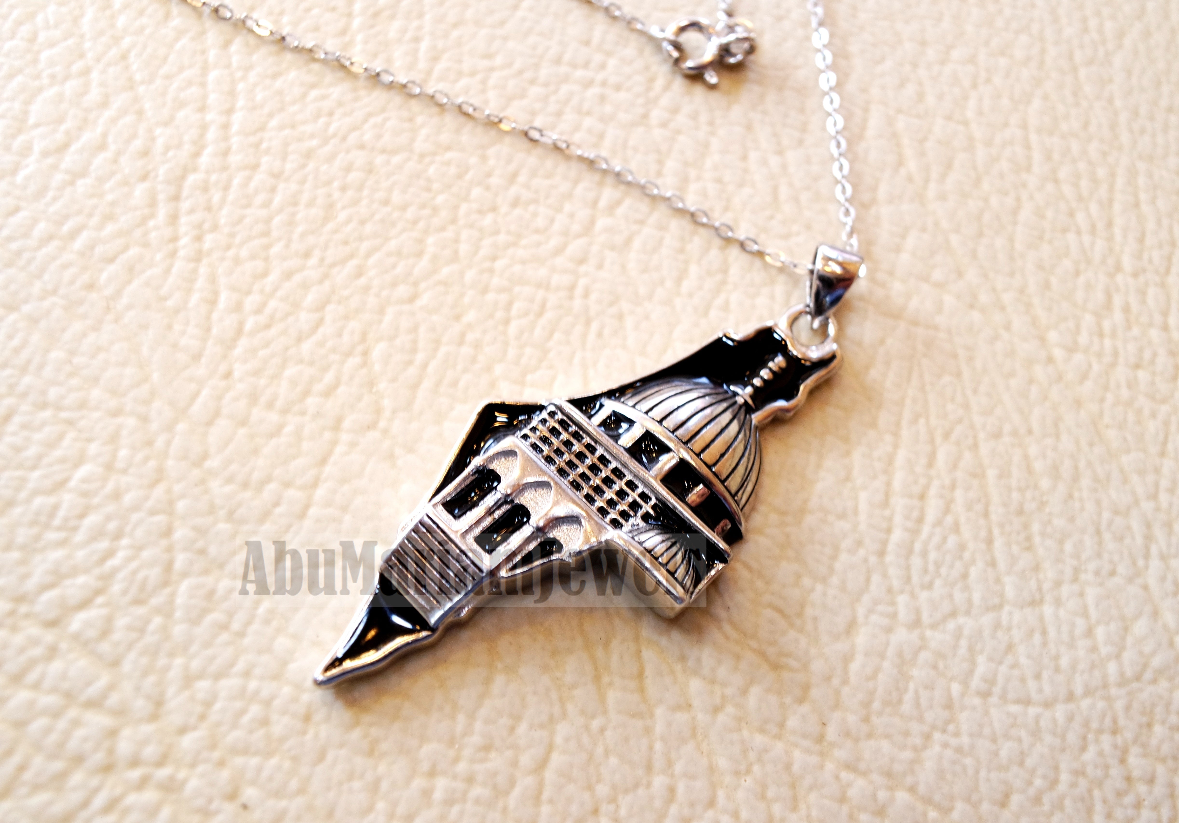 Big Palestine map with Aqsa mosque pendant sterling silver 925 white and black jewelry arabic fast shipping خارطه و علم فلسطين