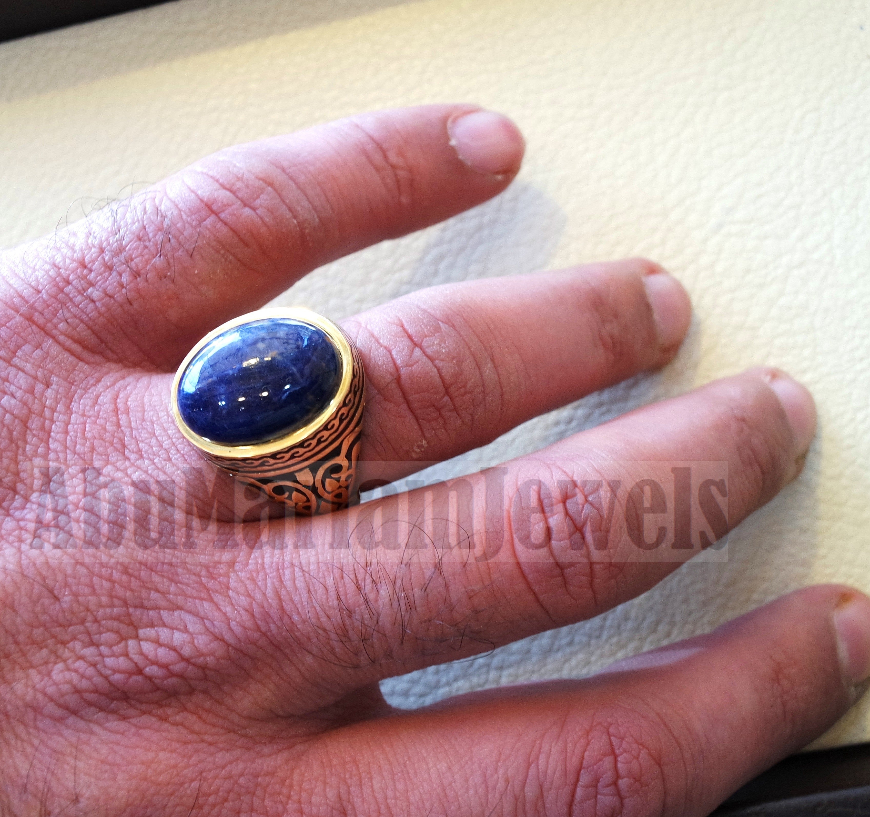 18k yellow gold men ring sodalite cabochon high quality natural stone all sizes Ottoman signet style fine jewelry fast shipping
