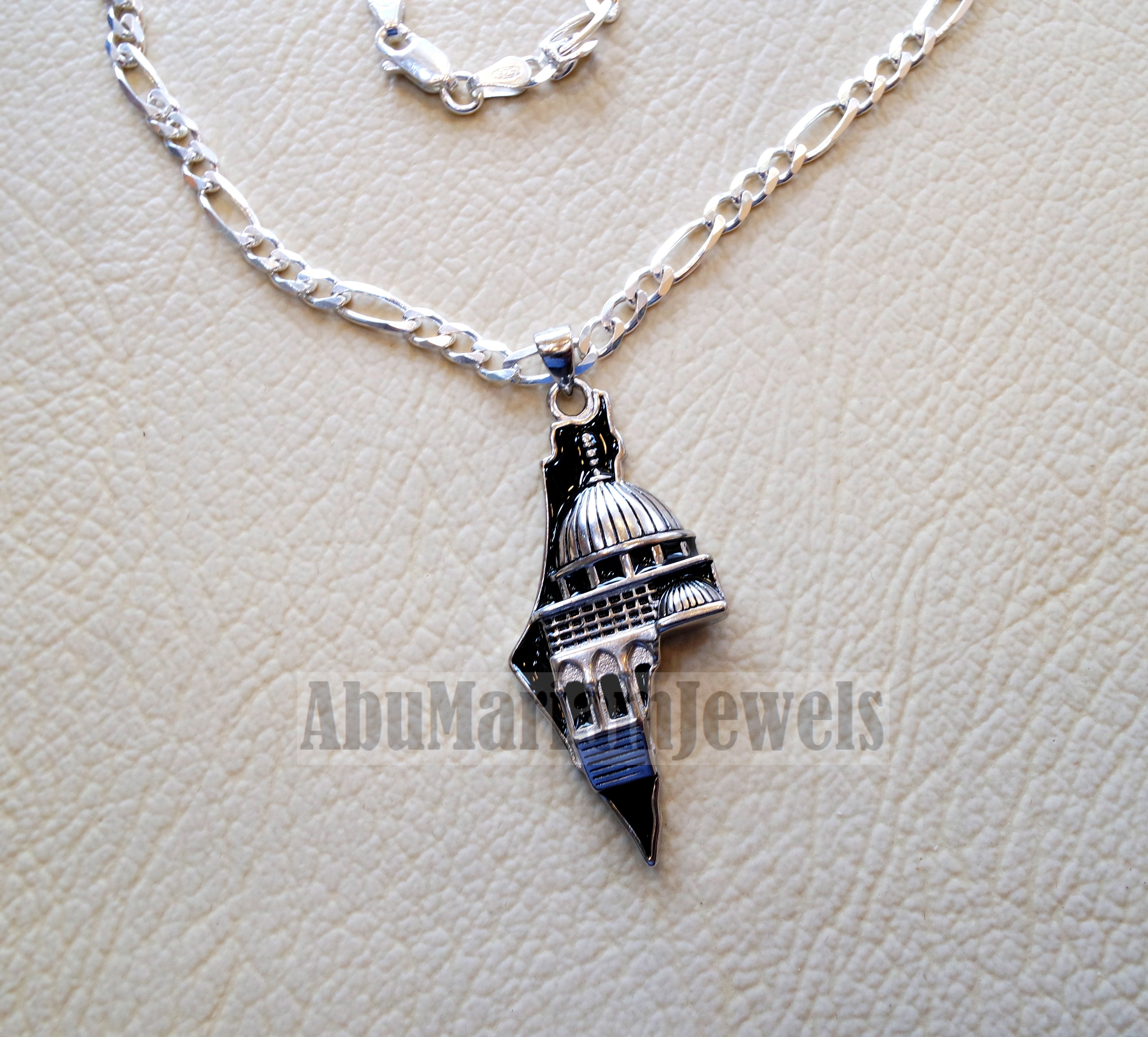 Big Palestine map with Aqsa mosque pendant with thick chain sterling silver 925 white and black jewelry arabic fast shipping خارطه و علم فلسطين