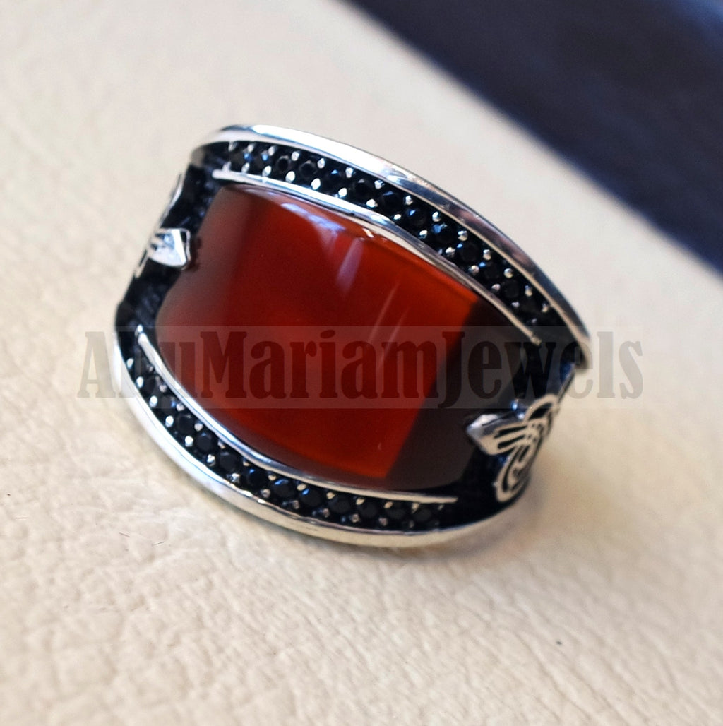 agate red aqeeq natural flat cushion stone man ring all sizes arabic Ottoman turkey antique style black zircon side setting