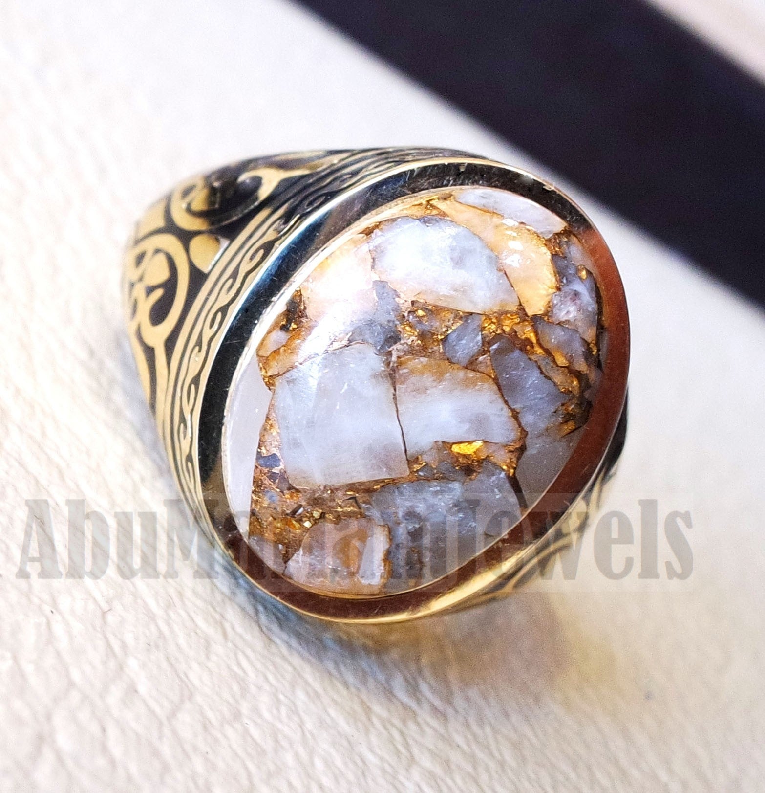 18k yellow gold men ring copper calcite cabochon high quality natural stone all sizes Ottoman signet style fine jewelry fast shipping