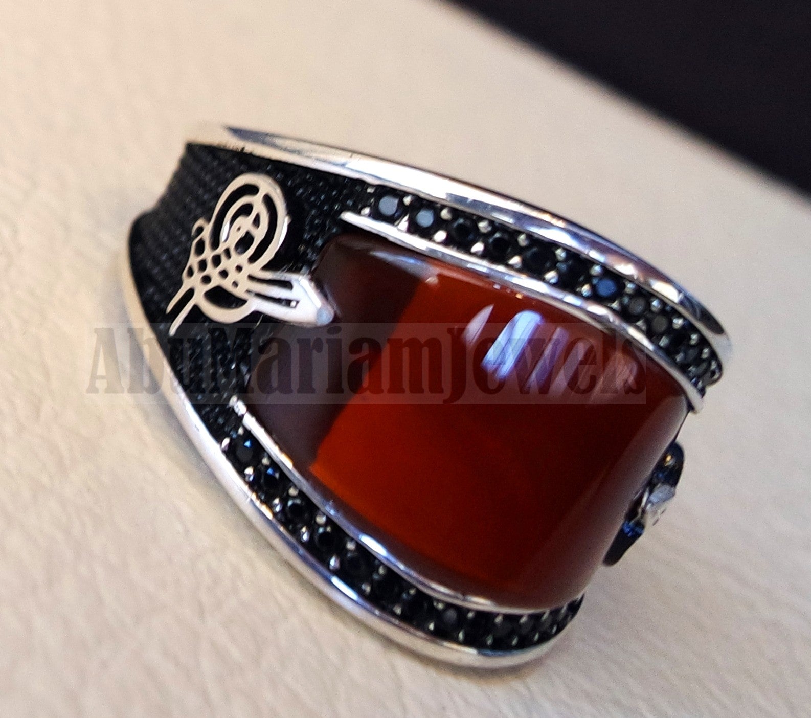 agate red aqeeq natural flat cushion stone man ring all sizes arabic Ottoman turkey antique style black zircon side setting