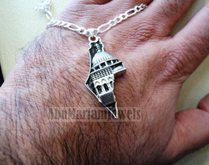 Big Palestine map with Aqsa mosque pendant with thick chain sterling silver 925 white and black jewelry arabic fast shipping خارطه و علم فلسطين