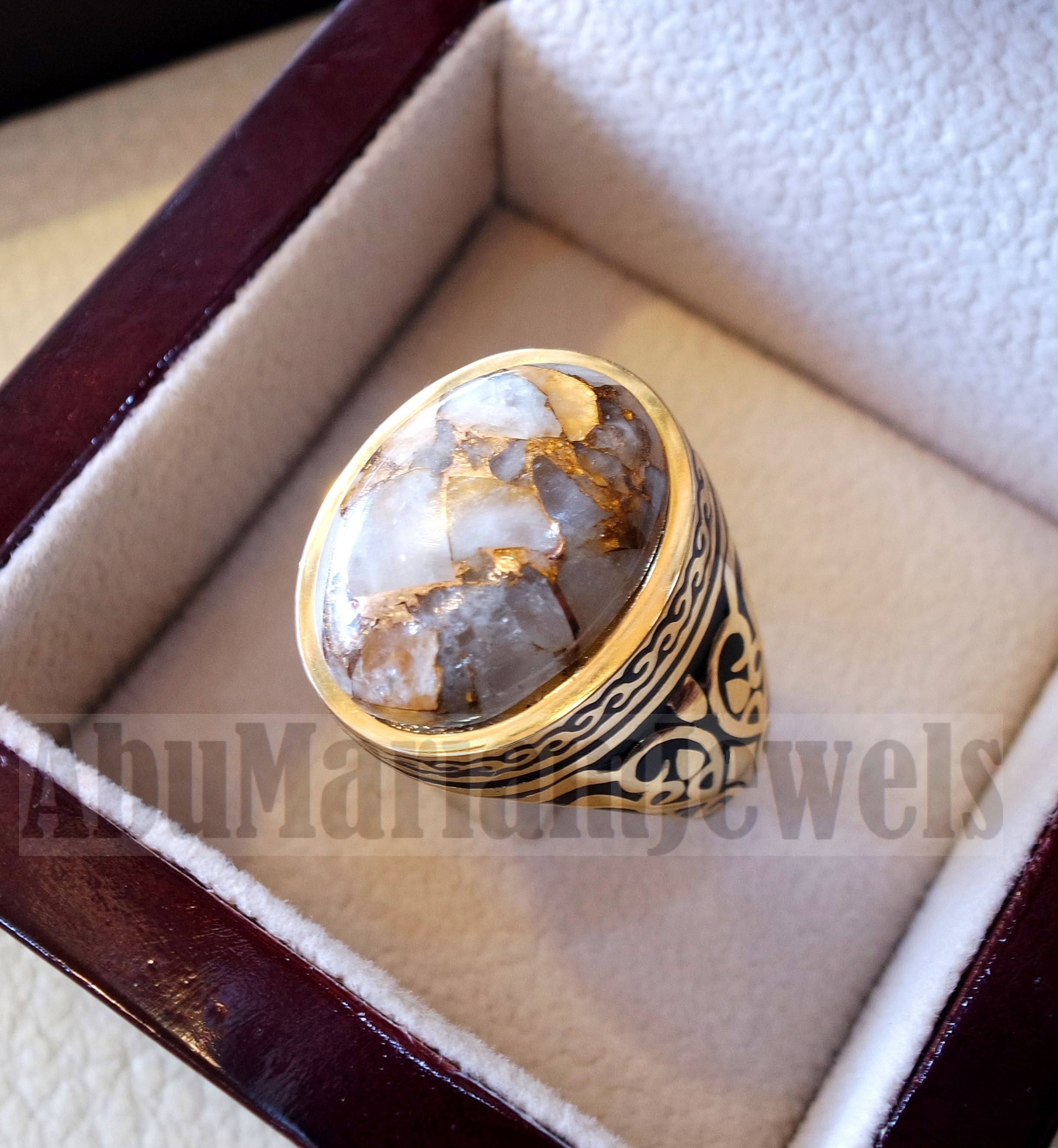 18k yellow gold men ring copper calcite cabochon high quality natural stone all sizes Ottoman signet style fine jewelry fast shipping