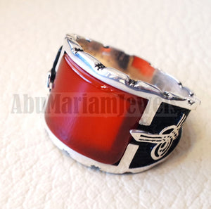square aqeeq ring red semi precious carnelian natural flat stone sterling silver 925 all sizes arabic ottoman style men jewelry handmade