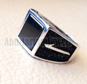 Square Alif Arabic Abjad stunning black onyx man ring sterling silver and black cubic zircon micro setting on sides natural flat gem الف عربي