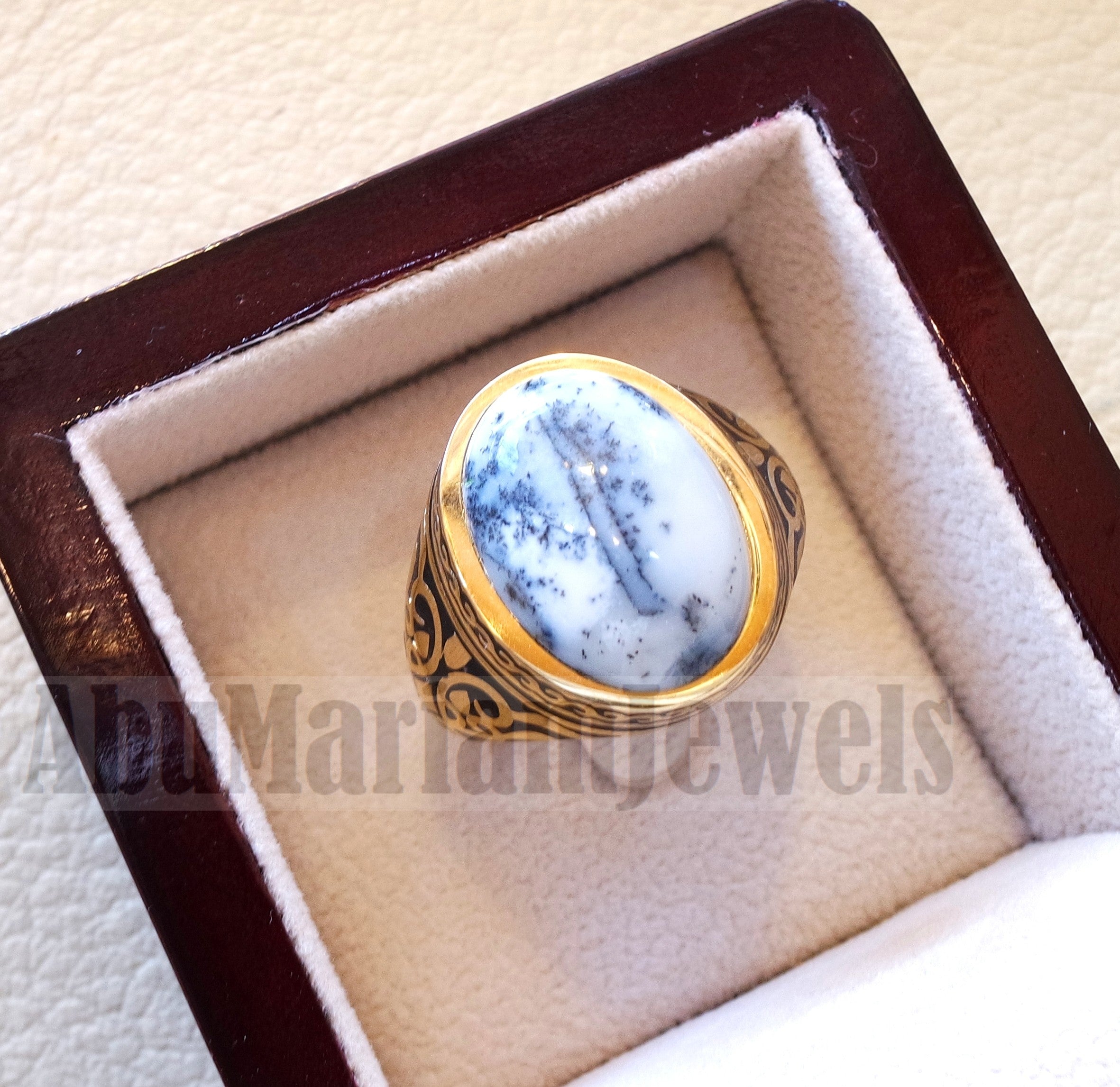 18k yellow gold men ring dendritic opal cabochon high quality natural stone all sizes Ottoman signet style fine jewelry fast shipping