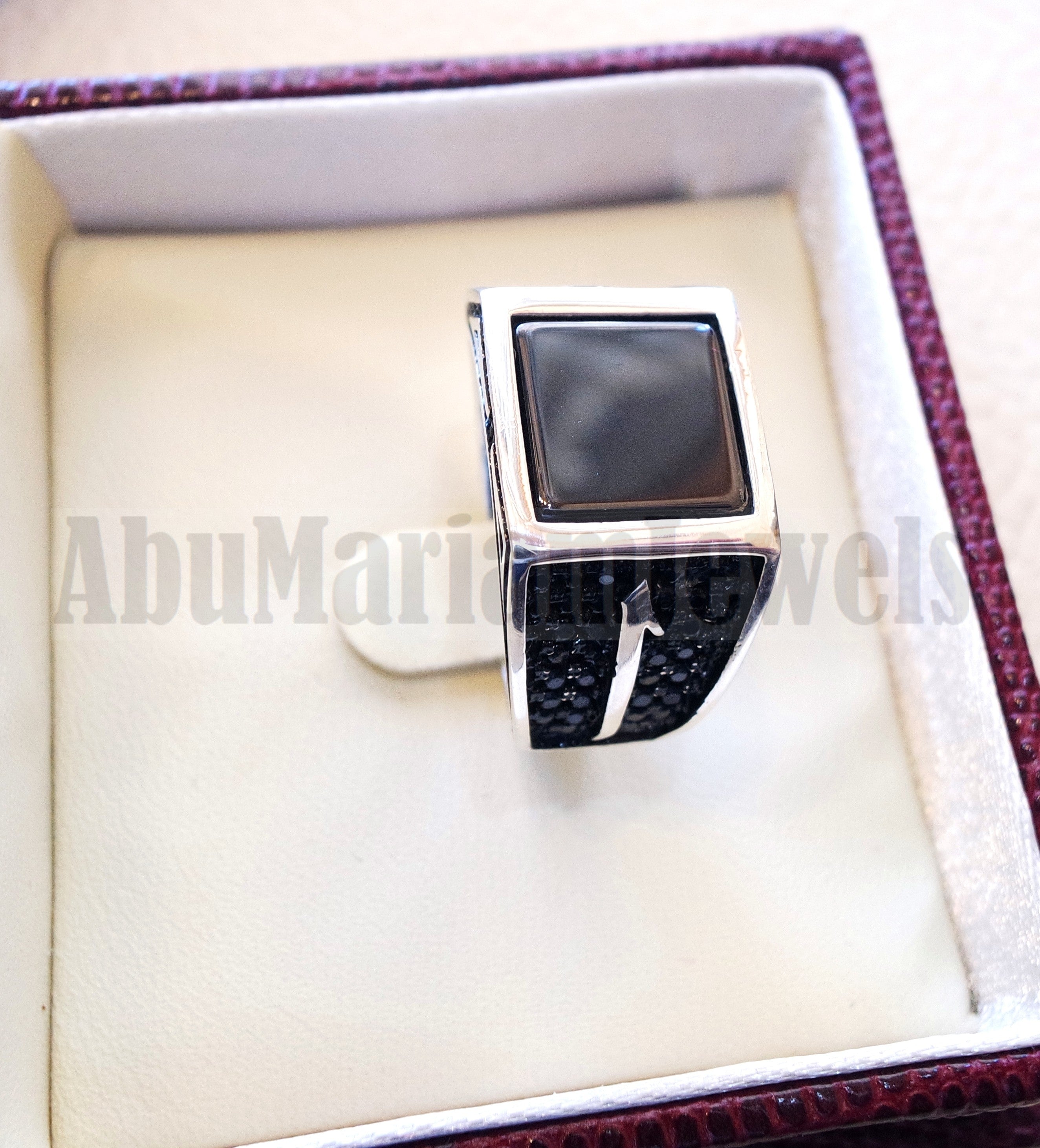Square Alif Arabic Abjad stunning black onyx man ring sterling silver and black cubic zircon micro setting on sides natural flat gem الف عربي